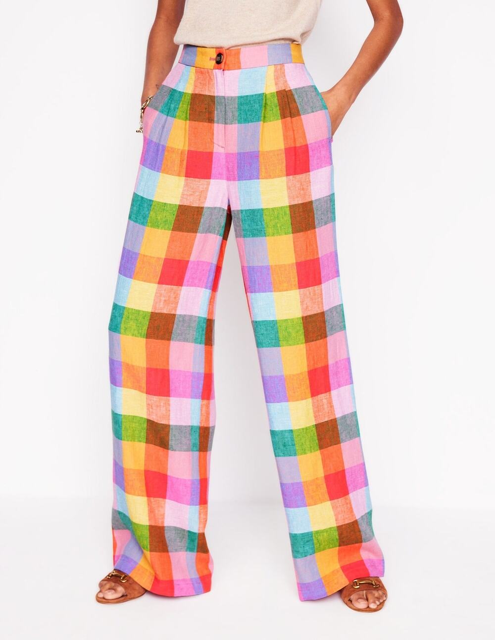 Boden Dulwich Linen Pants Rainbow Multigingham - S